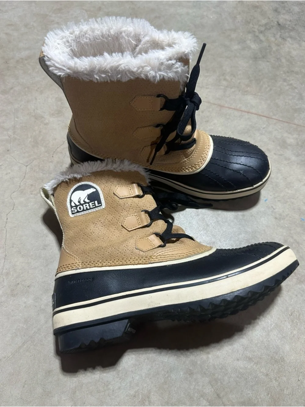 SOREL Tivoli Insulated Two-Tone Waterproof Boots in Tan and Black